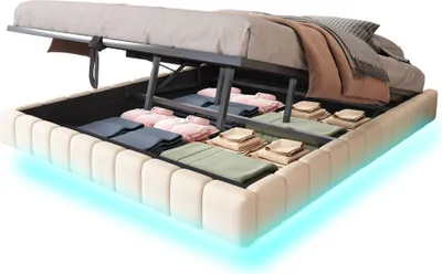 Produktbild von MODFU  Polsterbett Jugendbett ,180x200cm,Doppelbett，Stauraumbett，ohne Kopfteil，Hydraulisches Bett，Bettgestell，mit LED-Licht,  ohne Matratze，Beige