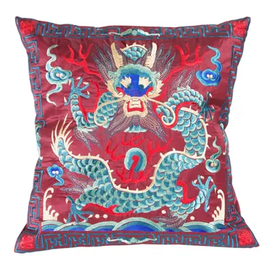 Produktbild von Fine Asianliving Chinesischer Kissenbezug Handbestickter Burgunder-Drache 45x45cm Ohne Füllung Baumwolle Japanisch Orientalisch Asiatischer Stil
