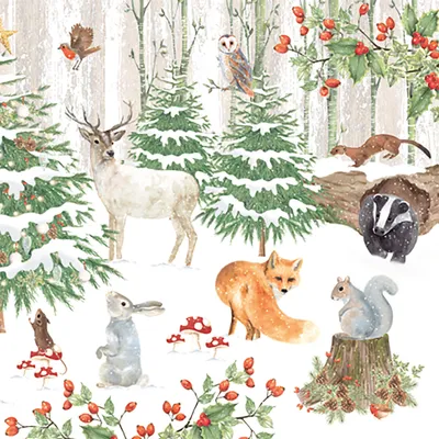 Produktbild von Servietten Papier 33x33cm Waldtiere im Winterwald 20 Stück Weiß / Grün