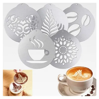 Produktbild von Set mit 5 Edelstahl Kaffee Schablonen - Dekorationsschablonen für Cappuccino und Milchschaum - Ideal für DIY Kunst und mehr