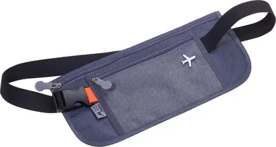 A gray travel waist bag with a black strap and buckle, and a small airplane logo.