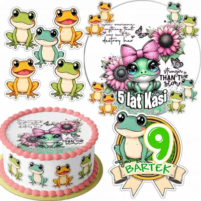 Zdjęcie produktu dla Zestaw Opłatek Na Tort 20Cm + 16 Postaci - Żaba Żabka + Imię 15Cm 18Cm