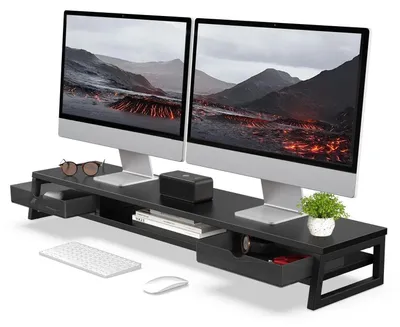 Zdjęcie produktu dla Podwyższenie monitora z dwoma szufladami, czarne, 108 cm