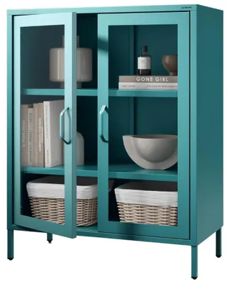 Produktbild von Vitrinenschrank Wohnzimmer klein GINA 3 Ebenen Metall | Glasvitrine Bücherschrank Büroschrank Aktenschrank mit Glasfenster Metallschrank 101,5x80x40cm Türkis