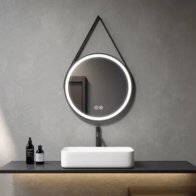Produktbild von Heilmetz Runder Badezimmerspiegel 60cm Schwarzer Rund Gürtel hängend LED Badspiegel 3 Farben Beleuchteter Runder Spiegel (6500K-4000K-3000K)