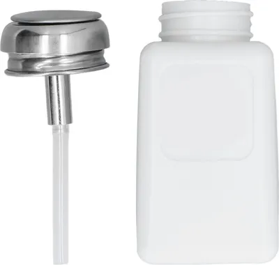 Produktbild von 200-ml-Druckverschluss-Lösungsmittelspender, ESD-sicher, antistatische quadratische Flasche mit Edelstahldeckel, weiß
