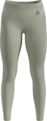 Olivegrüne Odlo Performance Warm Base Layer Tights mit feinem Strukturmuster an den Seiten und Odlo-Logo am Bund