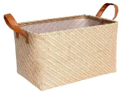 Produktbild von Jute Aufbewahrungskörbe, Organizer Box aus natürlichem Leinen mit Griff für Spielzeug und Kleidung im Schlafzimmer (Beige, Klein)