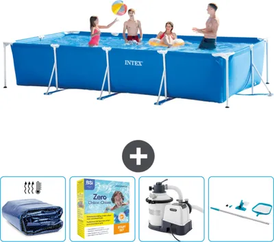 Obrázek produktu pro Bazén Intex s obdélníkovým rámem - 450 x 220 x 84 cm - modrý - včetně markýzy - balíčku pro údržbu - filtračního čerpadla pro bazén - čisticí sady