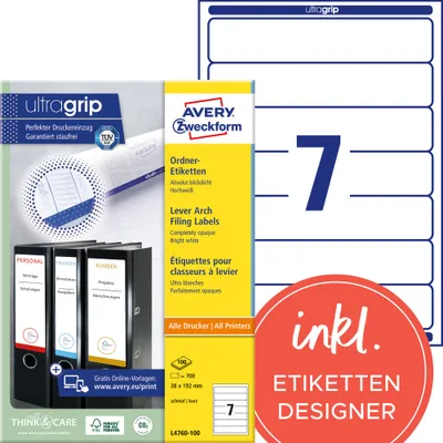 Produktbild von Avery Zweckform L4760-100 Ordner-Etiketten, A4 mit ultragrip, 38 x 192 mm, 100 Bogen/700 Etiketten, weiß