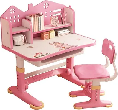 Produktbild von Kinder-Schreibtisch- und Stuhl-Set, höhenverstellbare Kinderschreibtische mit Schlossrückwand, verbreiterter Schreibtisch, Buchständer und Aufbewahrungsschublade, Rosa