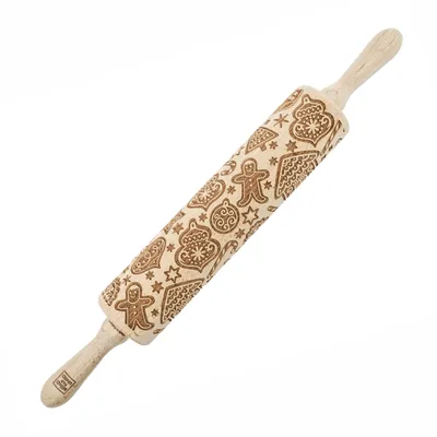 Produktbild von MoodForWood Nudelholz aus Holz, graviert, 43 cm mit Griffen, perfekt zum Backen - Lebkuchenmuster
