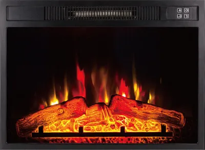 An electric fireplace insert with glowing logs and flames.