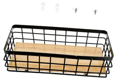 Produktbild von Eisenkorb mit Holzbrett zur Wandmontage – Aufbewahrungskorb für Bad und Schreibtisch