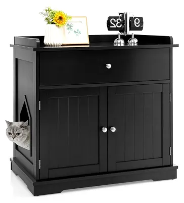 Produktbild von 3-in-1 Katzenschrank, Katzentoilette mit Schubladen, Doppeltüren und Katzenlöchern, versteckte Katzentoilette, Katzenstreu-Beistelltisch für Wohnzimmer, Schlafzimmer und Balkon (Schwarz)