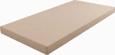 A beige fitted sheet is shown from a slightly elevated angle against a white background.