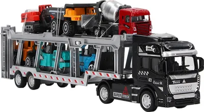 Produktbild von 7-in-1-Transport-LKW-Spielzeug, Legierung, Rückziehfunktion, Träger-LKW-Modellspielzeug mit 6 kleinen technischen Fahrzeugen, 12.6 Zoll