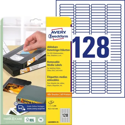 Produktbild von Avery Zweckform L6020REV-25 Etiketten für Speichermedien, 43,2 x 8,5 mm, 25 Blatt/3.200 Etiketten, weiß