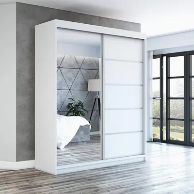 Produktbild von Schwebetürenschrank, 2-türig Schrank mit 2 Schubladen und Spiegel! Moderne Garderobe für Kleidung. Verschiedene Farben (Weiß, Schwarz, Somona) Kleiderschrank PIK 180 cm