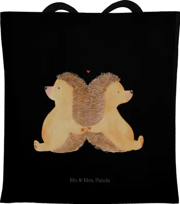 Produktbild von Mr. & Mrs. Panda Uni Tasche Igel händchenhaltend - Schwarz - Geschenk, Verlobung, Freundin, Shopping, Verliebt, Tragetasche, Hochzeit, Verknallt, Schultasche, Love