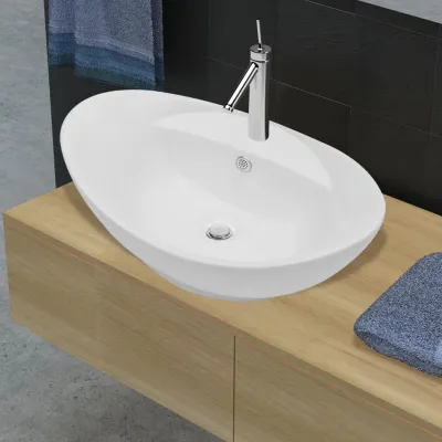 Produktbild von Keramisches Waschbecken – Ovales Waschbecken – Waschbecken – Badezimmerbecken – Waschbecken mit Überlauf – Mit Wasserhahnloch