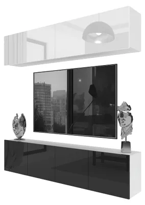 Immagine prodotto di Combo da soggiorno BELINI MILANO 6, 200 cm - Bianco/Nero lucido, set di mobili da soggiorno moderni, mobile TV componibile con sistema senza maniglie