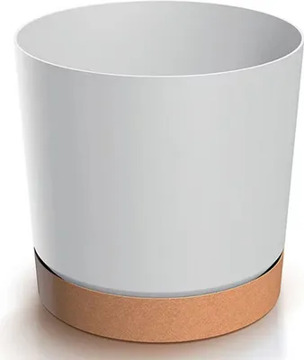 A white cylindrical planter with a brown base sits on a white surface.