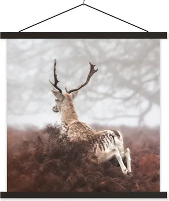Produktbild von MuchoWow® Textilposter Hirsche - Nebel - Pflanzen 90x90 cm mit schwarzem Rahmen - Magnetisches