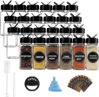 Produktbild von Famanu Kräuterpotset 24 Stück, 120 ml, quadratisch, mit schwarzem Deckel, Trichter, Bürste, Etiketten und Kreidestift