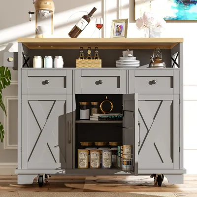 Image de MODFU Îlot De Cuisine avec Tiroirs et Étagères Ouvertes, Desserte de Cuisine Mobile avec Roulettes, 118x43-80x98 cm - Métal/MDF - Gris