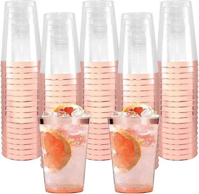 Zdjęcie produktu dla 60 sztuk 350 ml różowych plastikowych kubków z obwódką w kolorze różowego złota, wielokrotnego użytku, eleganckie na przyjęcie, urodziny, wesele
