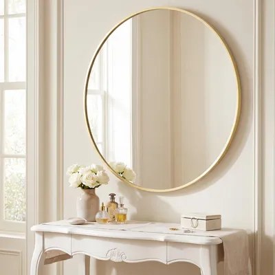 Produktbild von SONGMICS Wandspiegel, Spiegel rund, Metallrahmen, 80 cm d, für Bad, Wohnzimmer, Schlafzimmer, Flur, gold