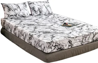 Produktbild von CANDeal 3 Pieces White Marble Printed 198cmx 203cm Bed Sheet Set, 1 Fitted Sheet and 2 Pillow Cases, Polyester Luxury Bedding with 35CM Deep Pockets