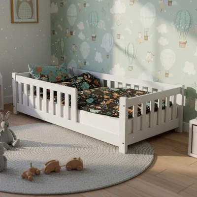 Immagine prodotto di Letto per bambini con protezioni laterali – Letto a terra – Sonno sicuro – Legno massello – 80x160 cm – Bianco