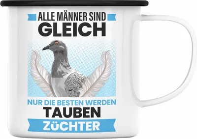Produktbild von Trendation - Zaubenzucht Geschenk Taubenzüchter Zubehör Tauben Emaille Tasse Lustiger Spruch Taubenflüsterer Taubenliebhaber Becher Alle Männer Sind Gleich (Schwarz)