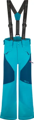 A pair of children's ski pants with suspenders.