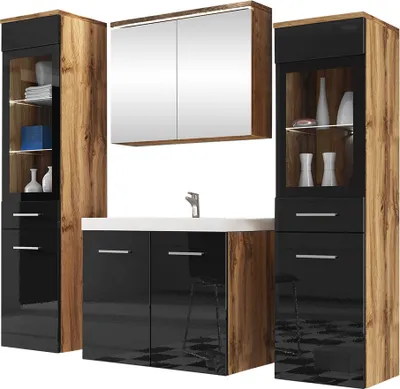 Produktbild von MIRJAN24 Badmöbel-Set Madrit II, Badezimmer-Set mit Spiegel und Waschbecken (Farbe: Wotan / Schwarz Hochglanz, mit Siphon, mit weißer LED Beleuchtung)
