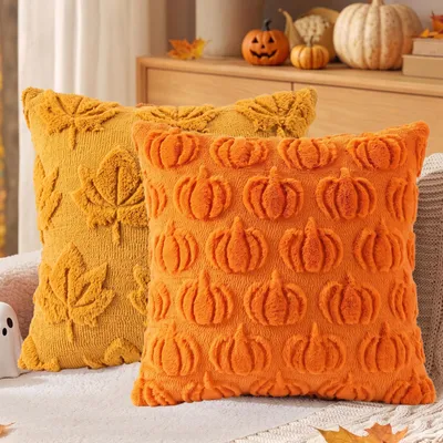 Kissenbezug Kürbis 2er-Set, 45x45 cm, weicher Plüsch, Herbstdeko