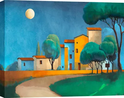 Productafbeelding van Schilderij op canvas, moderne landschap – Stefano Renaldi – Dorp in het maanlicht – 100 x 70 cm