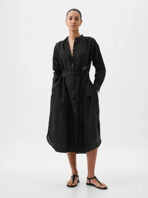 Produktbild von GAP Midi Hemdblusenkleid Schwarz aus Leinen-Baumwolle mit Knopfleiste und Bindegürtel