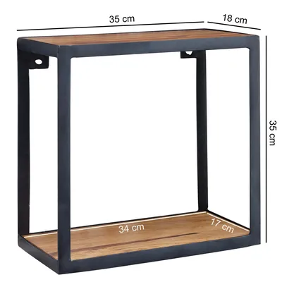 A wall-mounted shelf with a wooden shelf and a metal frame, showing dimensions.