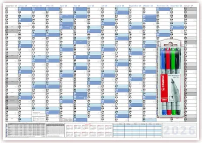 Produktbild von XXL Wandkalender DIN B1 2026 blau, nass abwischbar inkl. Stifteset Format 100 x 70cm Jahresplaner Wandplaner gerollt