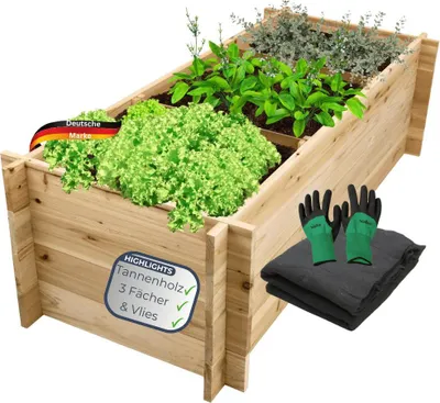 Produktbild von Hochbeet für Garten Holz SMARTA - 3 Fächer | Pflanzkasten aus Tannenholz Gartenbeet Pflanzenbeet für Gemüse Blumenbeet, 140x60x40cm