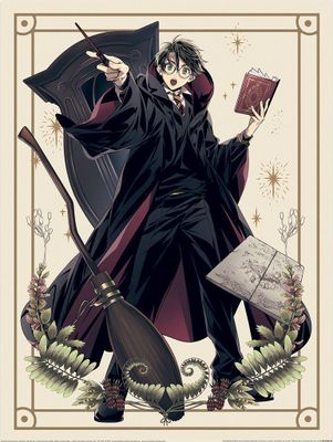 Harry Potter - potlač "Čarodejnícka dynastia Harryho kúziel", papier PM10774 (jedna veľkosť) (béžová/čierna/vínová červená)