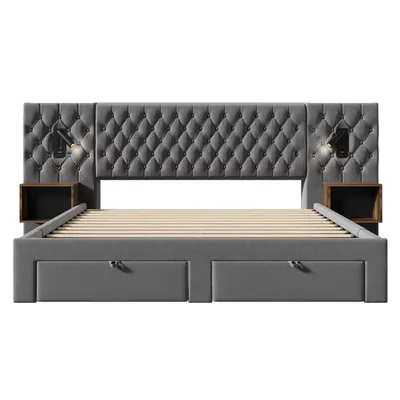 Produktbild von Flieks Polsterbett 180x200cm mit USB und Leselampe, Doppelbett Stauraumbett mit Nachttisch und 4 Schubladen, Holzbett Funktionsbett, Samt, Grau