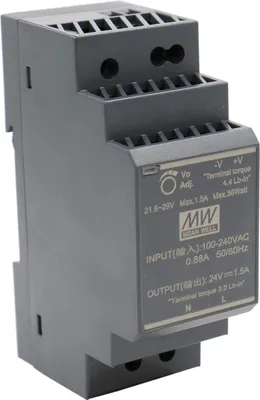 Immagine prodotto di Alimentatore per guida DIN 36W 24V 1,5A MeanWell Hdr-30-24 Trasformatore per guida DIN