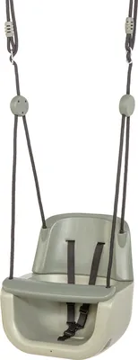 A baby swing seat suspended by ropes against a white background.