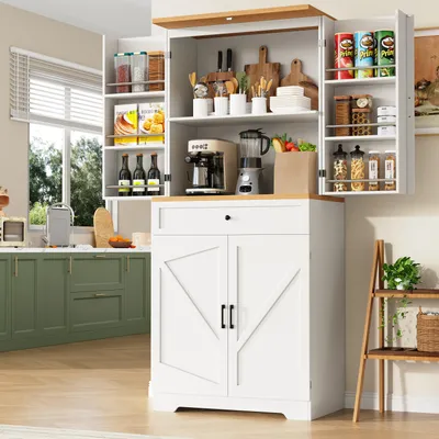 Produktbild von okwish Küchenschrank mit Holzoptik-Tischplatte,Highboard Aufbewahrungsschrank mit offene Snack-Regale mit geschlossenem Stauraum,Buffetschrank mit 12 Türfächern,Weiß