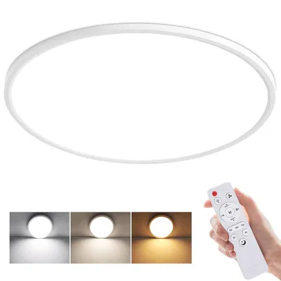Image de Plafonnier LED moderne 24 W + 7 W, rétroéclairage, 3 600 lm, intensité variable, avec minuterie, veilleuse et télécommande, fonction mémoire, Ø 29 cm, pour la maison, le bureau et la cuisine
