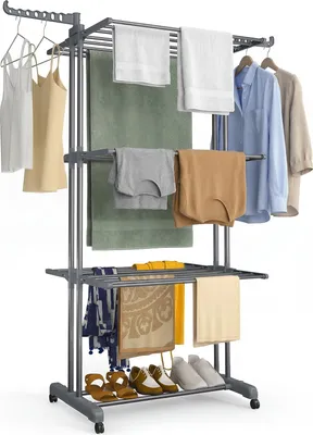 Produktbild von VOUNOT® 4 Ebenen Wäscheständer Turm mit Rollen 126x63x170 cm Grau